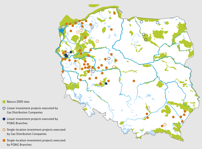 Inwestycje środowiskowe Grupy PGNiG na tle obszarów chronionych