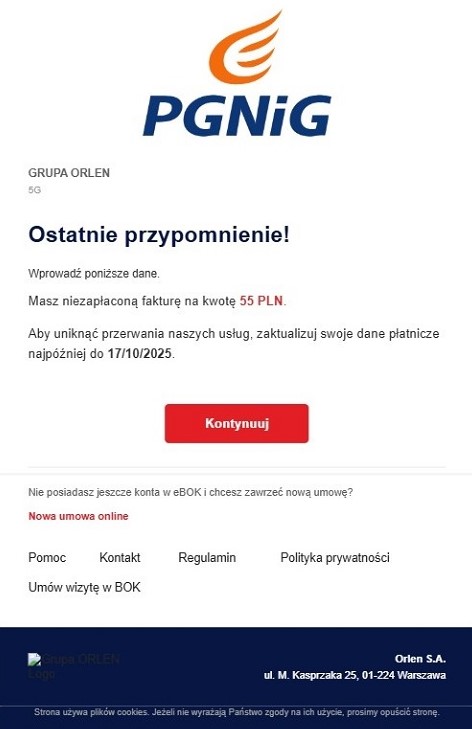 Przykład fałszywej wiadomości- ostatnie przypomnienie masz niezapłaconą fakturę