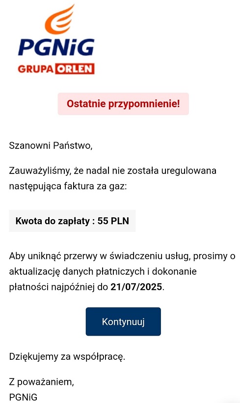 Przykład fałszywej wiadomości- ostatnie przypomnienie kwota płatności