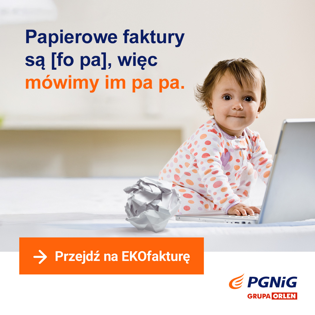 banner z dzieckiem siedzącym przy laptopie - papierowe faktury są fo pa, więc mówimy im papa