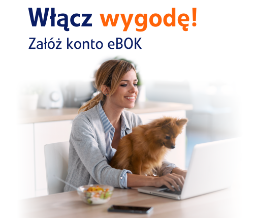 zdjecie kobiety z psem i laptopem - włącz wygodę, załóż konto w eBOK i korzystaj z obsługi online