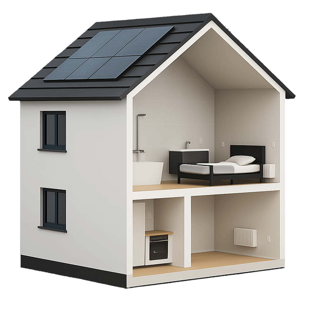 Nowoczesny dom z podświetlonymi punktami interaktywnymi pokazującymi produkty do inteligentnego ogrzewania.