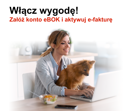 zdjecie kobiety z psem i laptopem - włącz wygodę, załóż konto w eBOK i korzystaj z obsługi online