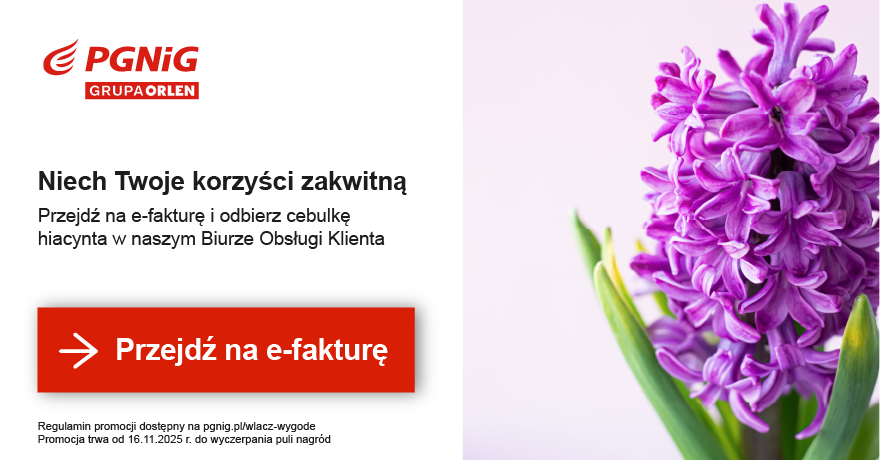Przejdź na stronę ebok.pgnig.pl Tekst banneru: Niech twoje korzyści zakwitną. Aktywuj e-fakturę i odbierz cebulkę hiacynta w najbliższym Biurze Obsługi Klienta. Promocja trwa od 16.10.2025 r. do wyczerpania puli nagród. Regulamin promocji dostępny na pgnig.pl/wlacz-wygode Przycisk: Przejdź na e-fakturę.